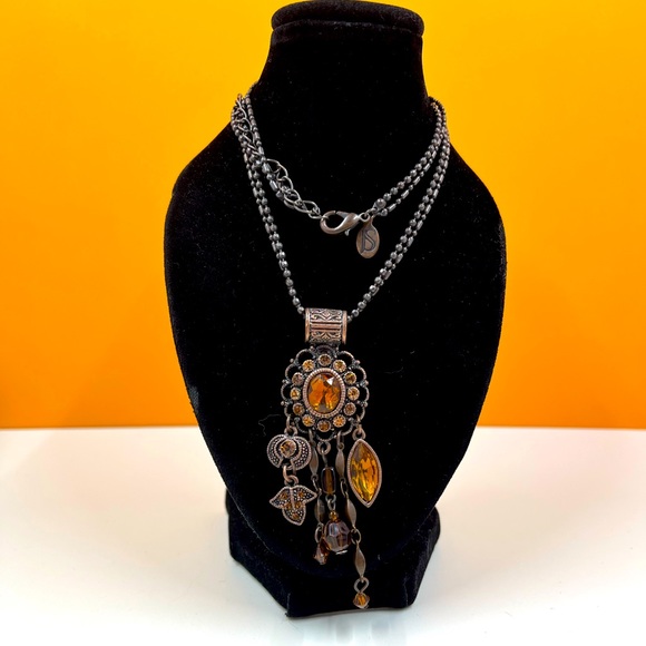 Jewelry - Vintage 1990s Signed JS Necklace with Amber Glass Crystal Accents
